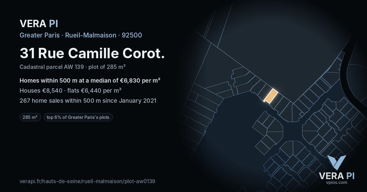 31 Rue Camille Corot, Rueil-Malmaison at night – the plot lit, the parcels around coloured by the prices near them