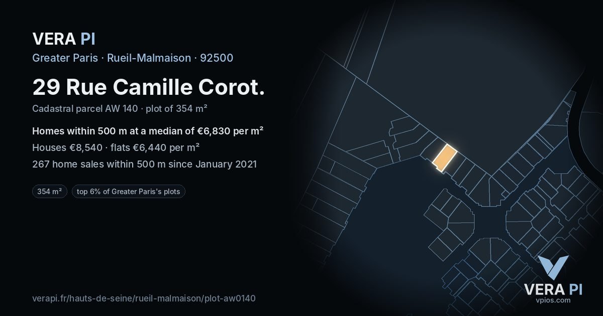 29 Rue Camille Corot, Rueil-Malmaison at night – the plot lit, the parcels around coloured by the prices near them