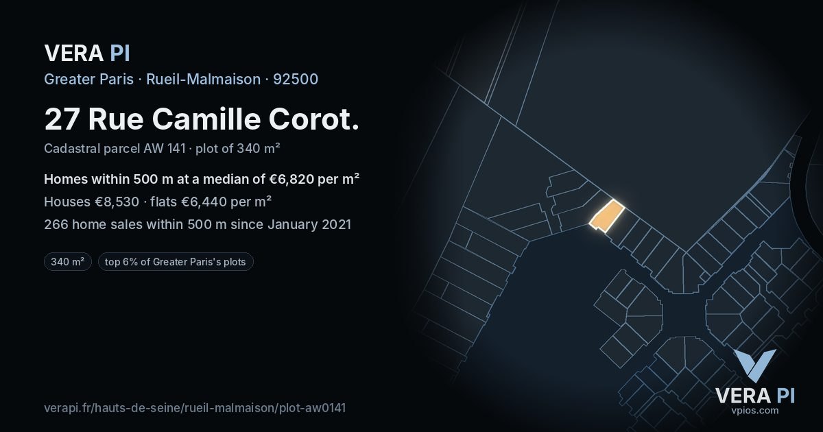 27 Rue Camille Corot, Rueil-Malmaison at night – the plot lit, the parcels around coloured by the prices near them
