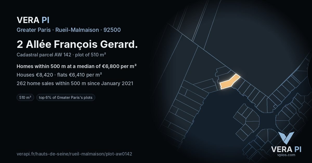 2 Allée François Gerard, Rueil-Malmaison at night – the plot lit, the parcels around coloured by the prices near them