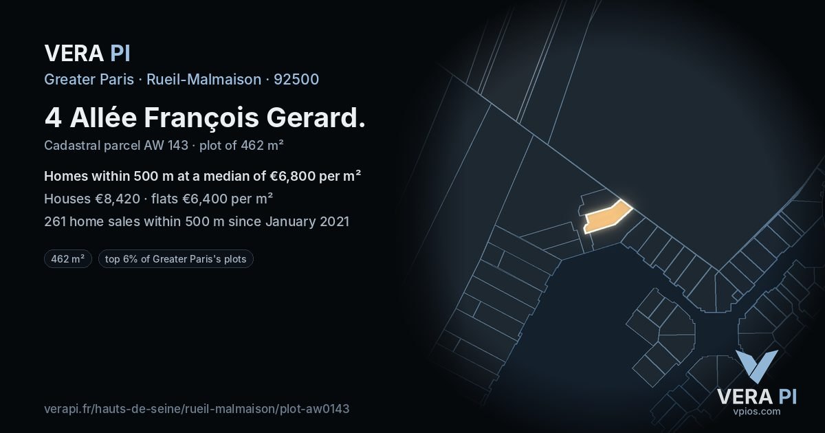 4 Allée François Gerard, Rueil-Malmaison at night – the plot lit, the parcels around coloured by the prices near them