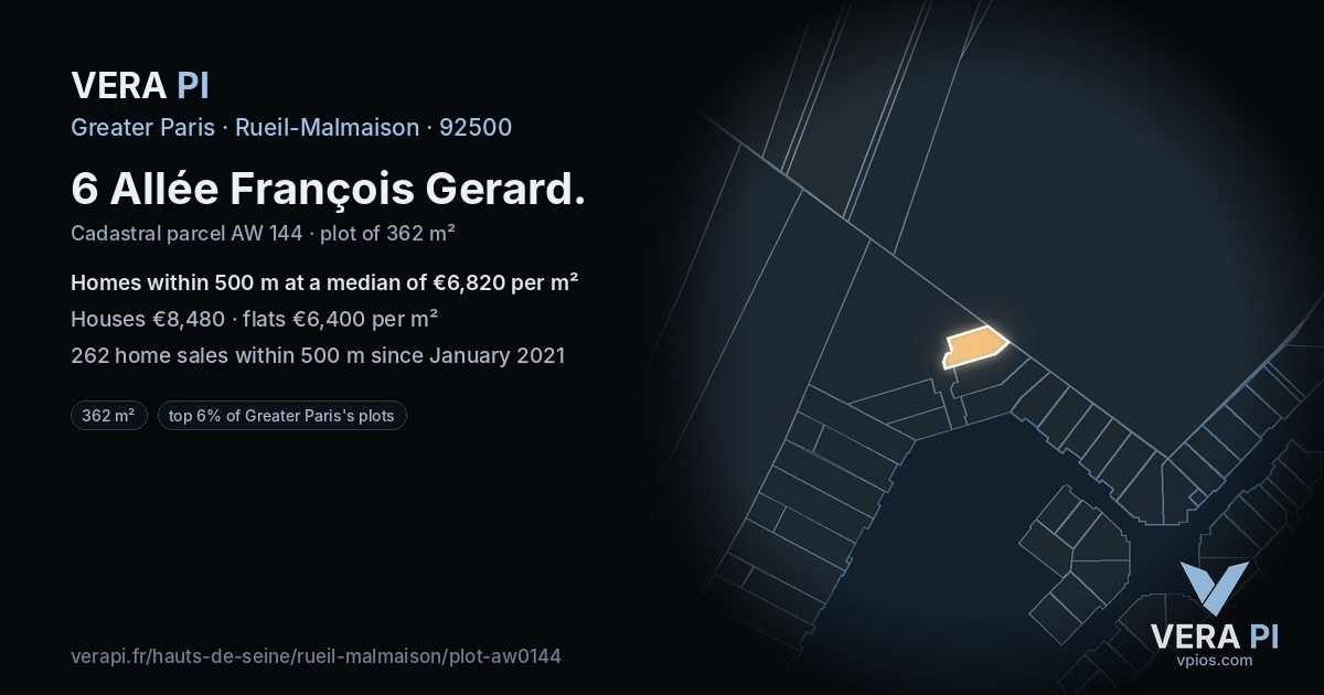 6 Allée François Gerard, Rueil-Malmaison at night – the plot lit, the parcels around coloured by the prices near them