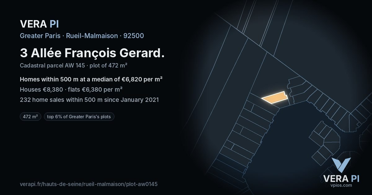 3 Allée François Gerard, Rueil-Malmaison at night – the plot lit, the parcels around coloured by the prices near them