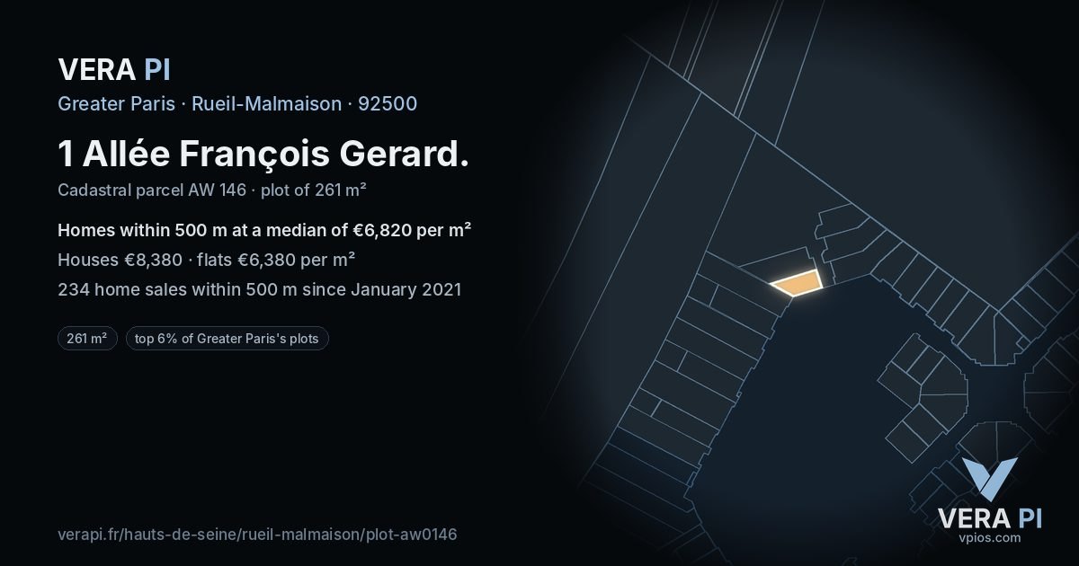 1 Allée François Gerard, Rueil-Malmaison at night – the plot lit, the parcels around coloured by the prices near them