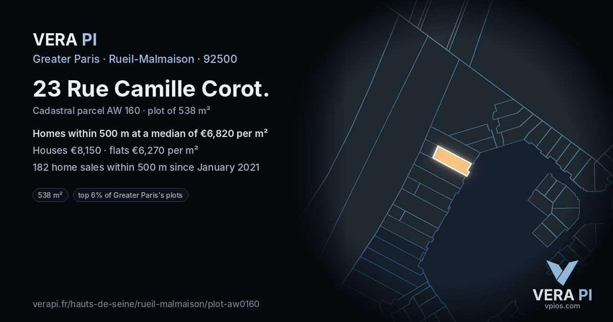 23 Rue Camille Corot, Rueil-Malmaison at night – the plot lit, the parcels around coloured by the prices near them