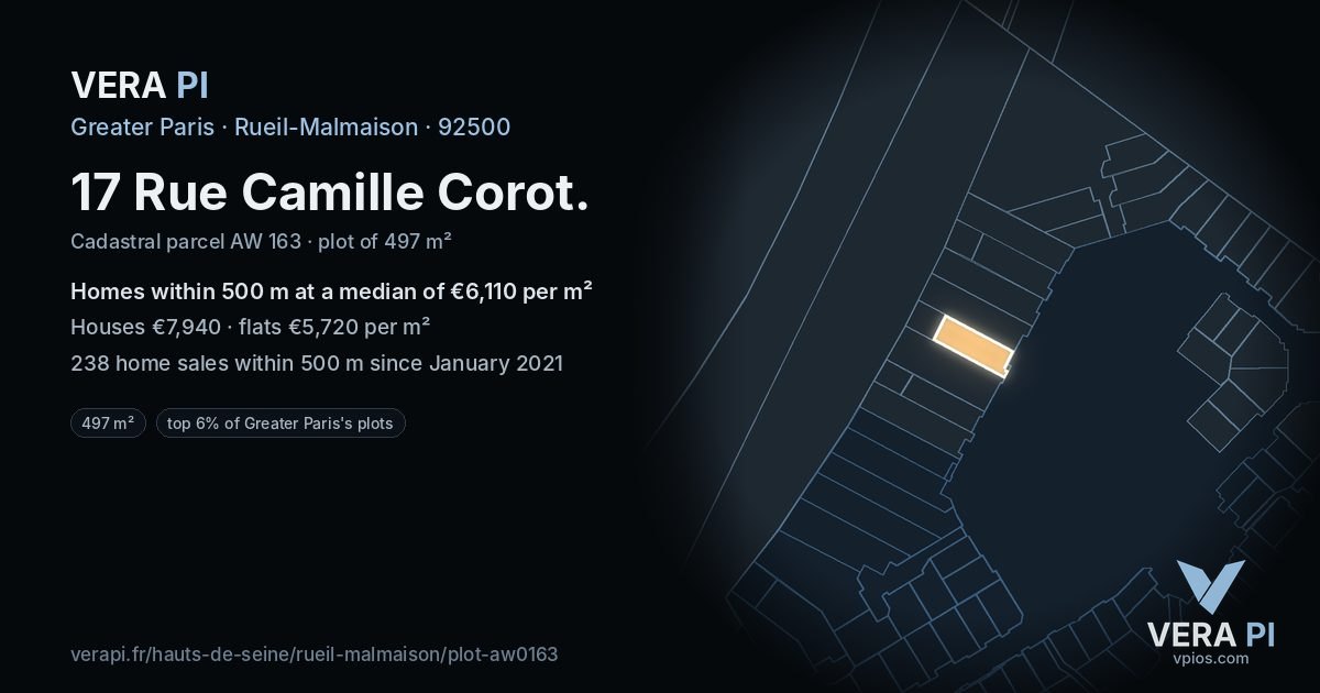 17 Rue Camille Corot, Rueil-Malmaison at night – the plot lit, the parcels around coloured by the prices near them