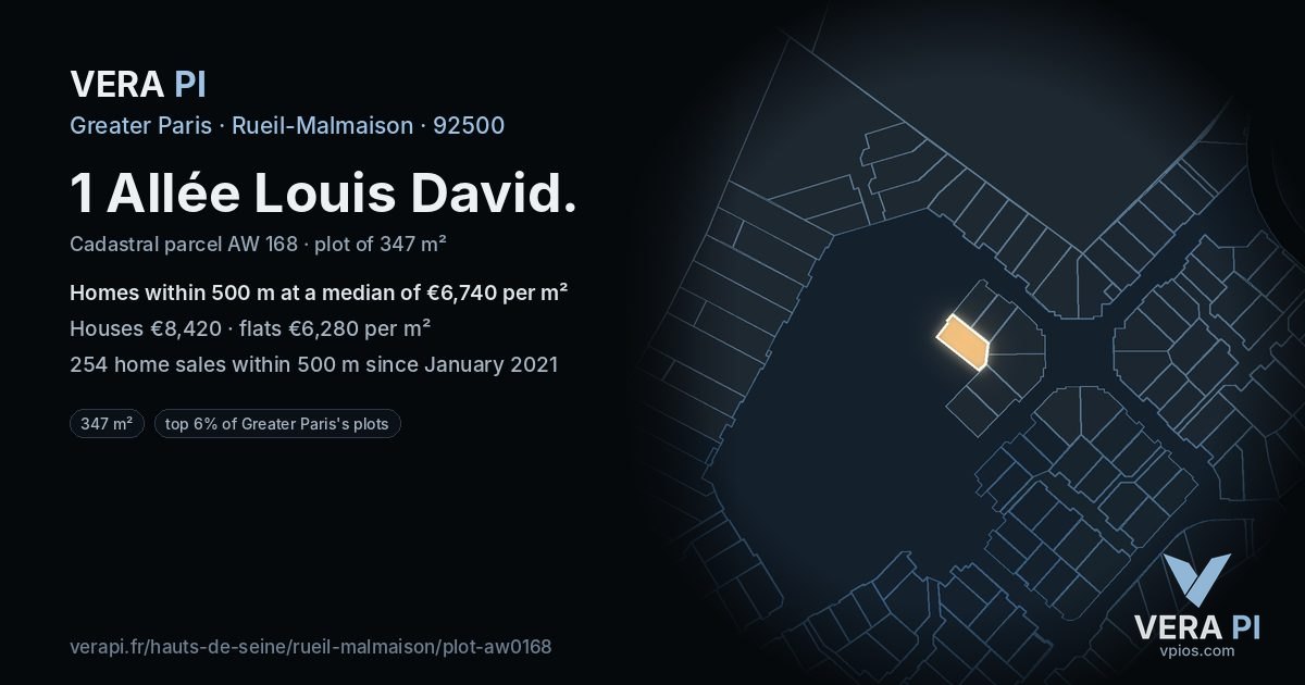 1 Allée Louis David, Rueil-Malmaison at night – the plot lit, the parcels around coloured by the prices near them