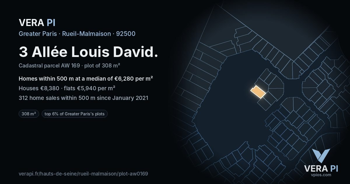 3 Allée Louis David, Rueil-Malmaison at night – the plot lit, the parcels around coloured by the prices near them