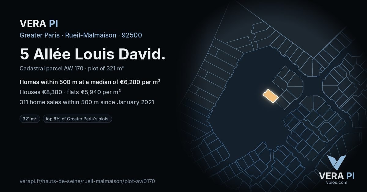 5 Allée Louis David, Rueil-Malmaison at night – the plot lit, the parcels around coloured by the prices near them