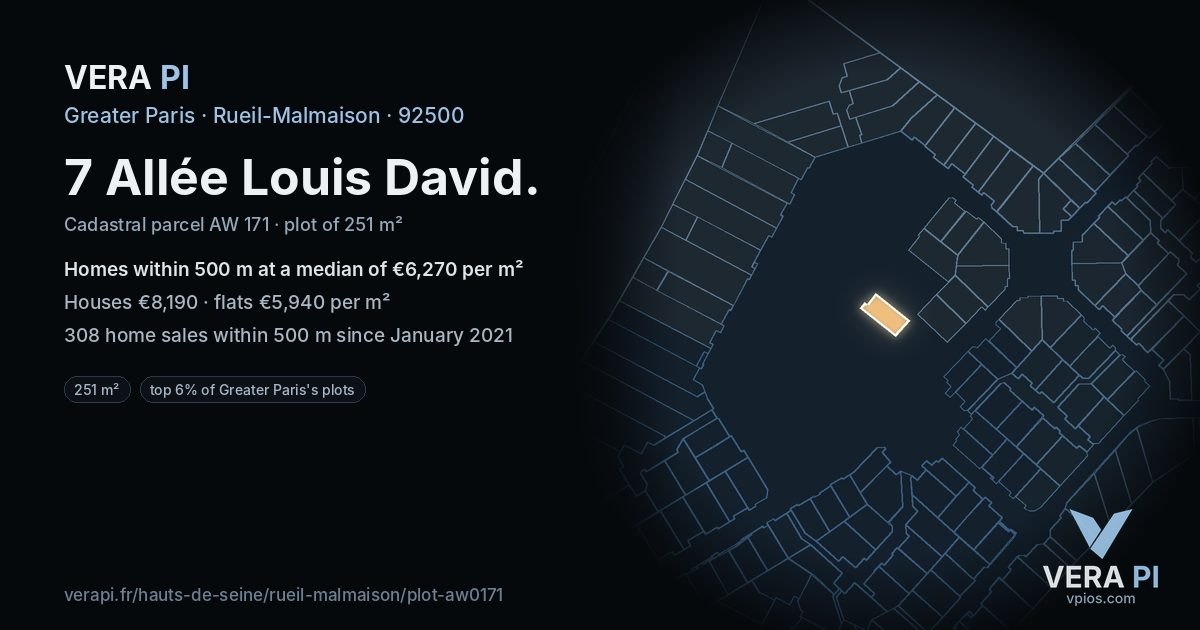 7 Allée Louis David, Rueil-Malmaison at night – the plot lit, the parcels around coloured by the prices near them