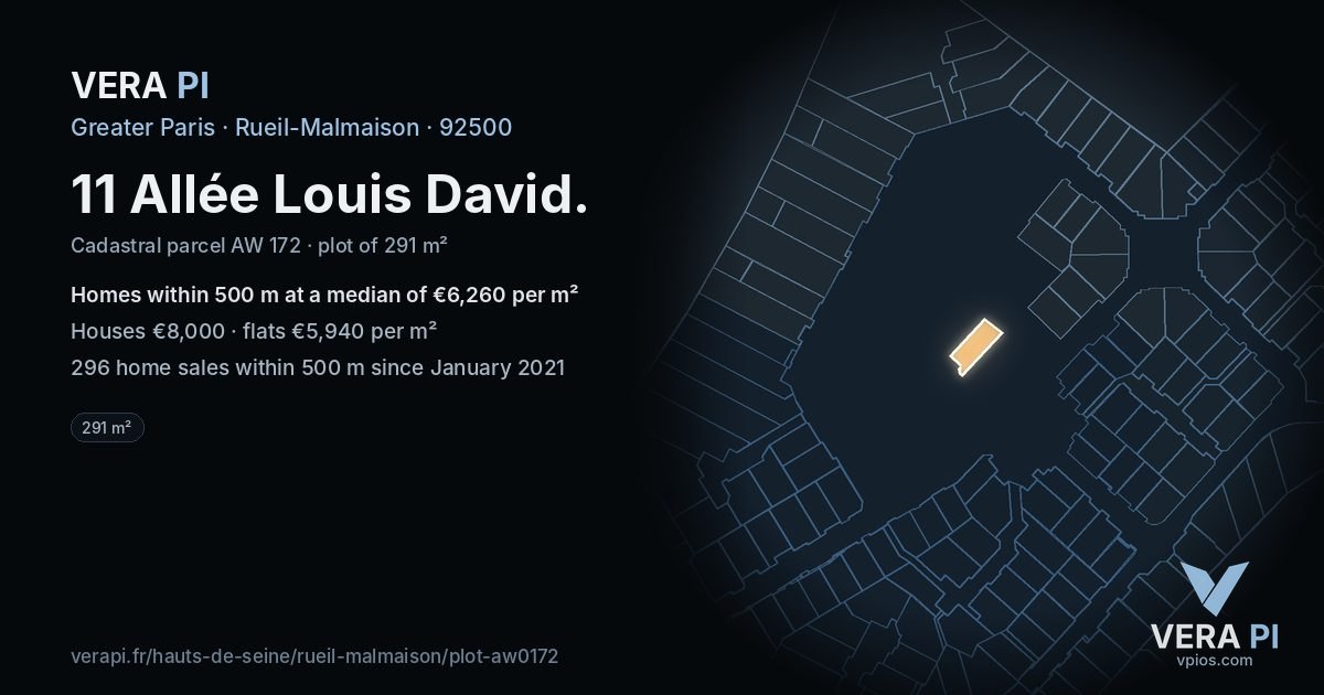 11 Allée Louis David, Rueil-Malmaison at night – the plot lit, the parcels around coloured by the prices near them