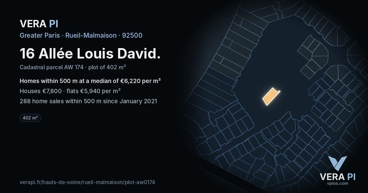 16 Allée Louis David, Rueil-Malmaison at night – the plot lit, the parcels around coloured by the prices near them