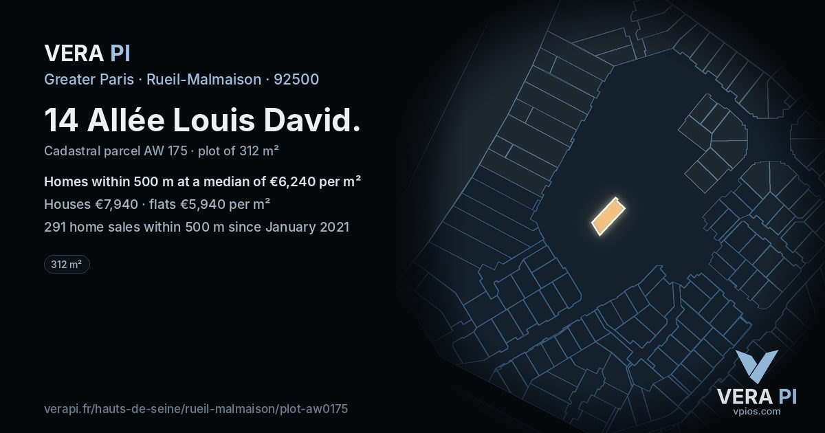14 Allée Louis David, Rueil-Malmaison at night – the plot lit, the parcels around coloured by the prices near them