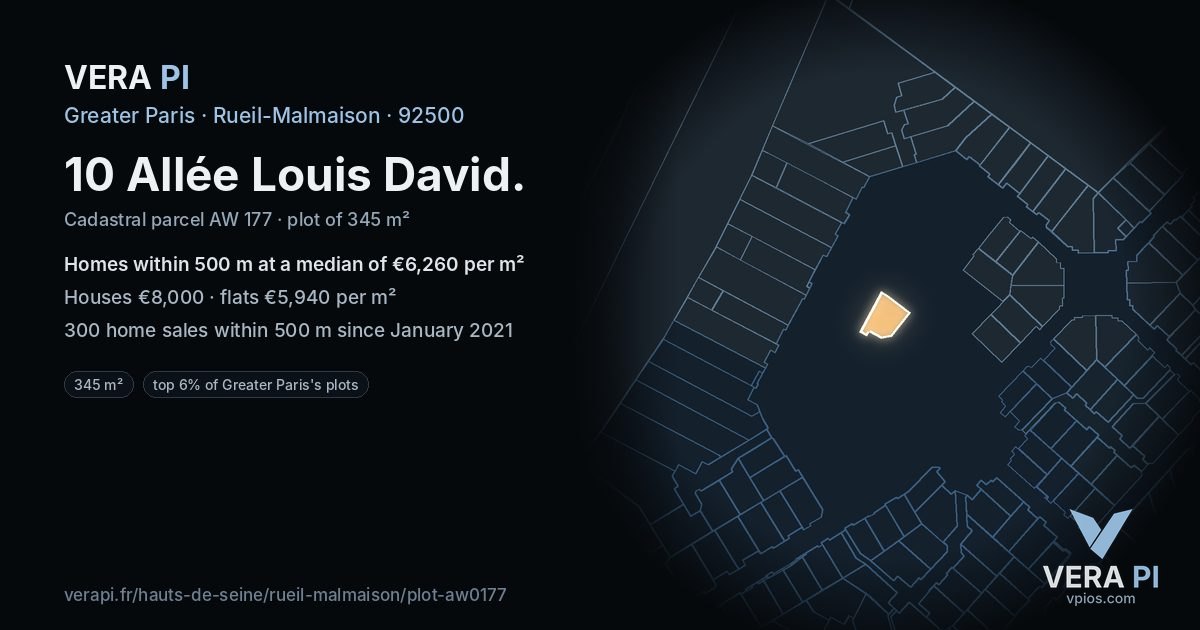 10 Allée Louis David, Rueil-Malmaison at night – the plot lit, the parcels around coloured by the prices near them