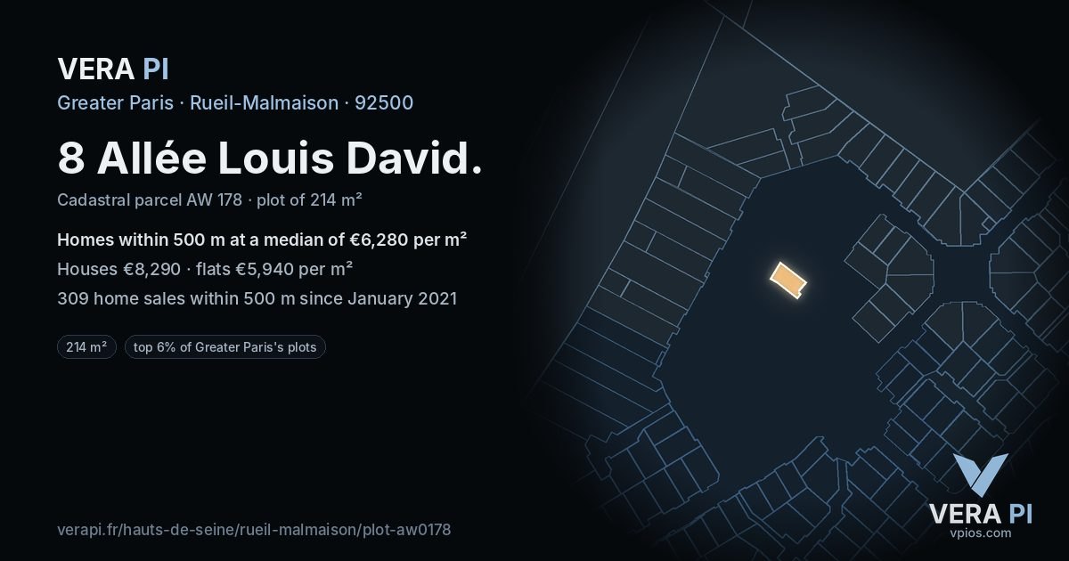 8 Allée Louis David, Rueil-Malmaison at night – the plot lit, the parcels around coloured by the prices near them