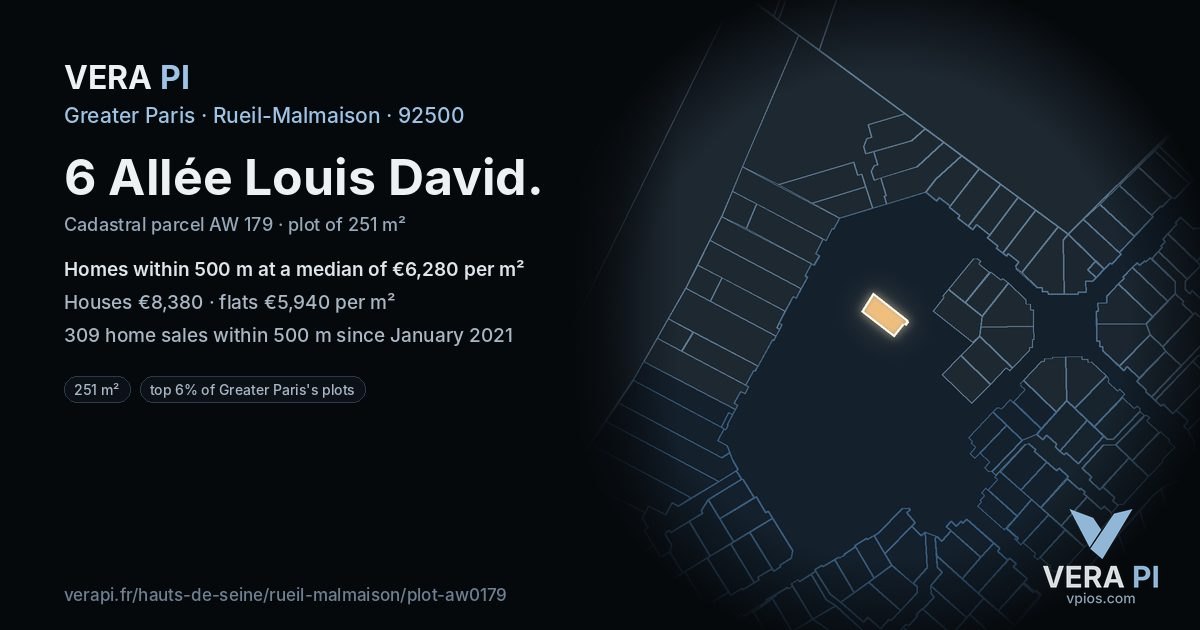 6 Allée Louis David, Rueil-Malmaison at night – the plot lit, the parcels around coloured by the prices near them
