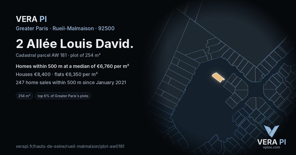2 Allée Louis David, Rueil-Malmaison at night – the plot lit, the parcels around coloured by the prices near them