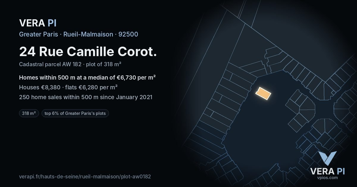 24 Rue Camille Corot, Rueil-Malmaison at night – the plot lit, the parcels around coloured by the prices near them
