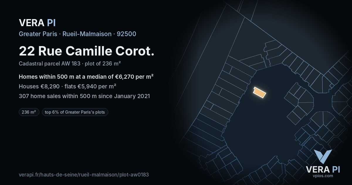 22 Rue Camille Corot, Rueil-Malmaison at night – the plot lit, the parcels around coloured by the prices near them