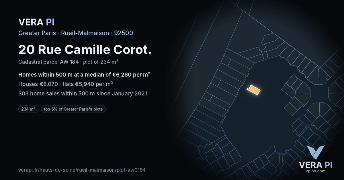 20 Rue Camille Corot, Rueil-Malmaison at night – the plot lit, the parcels around coloured by the prices near them