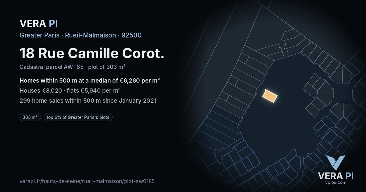 18 Rue Camille Corot, Rueil-Malmaison at night – the plot lit, the parcels around coloured by the prices near them