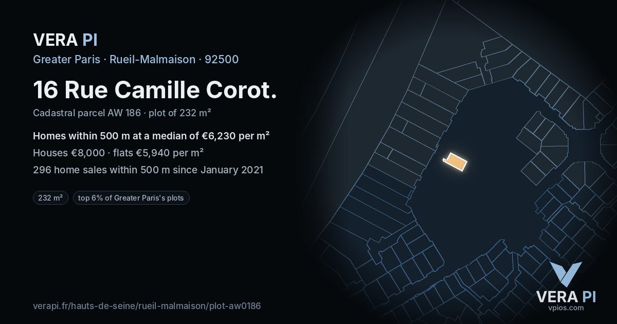 16 Rue Camille Corot, Rueil-Malmaison at night – the plot lit, the parcels around coloured by the prices near them