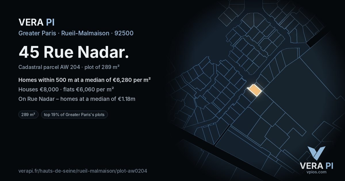 45 Rue Nadar, Rueil-Malmaison at night – the plot lit, the parcels around coloured by the prices near them