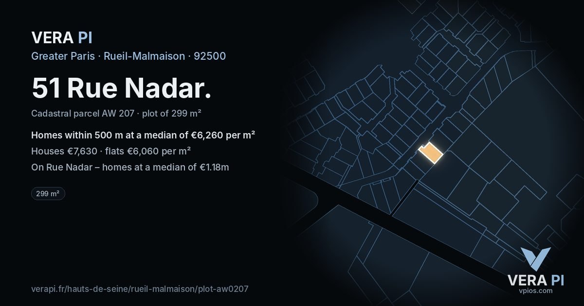 51 Rue Nadar, Rueil-Malmaison at night – the plot lit, the parcels around coloured by the prices near them