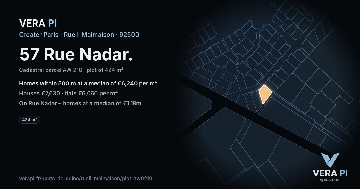 57 Rue Nadar, Rueil-Malmaison at night – the plot lit, the parcels around coloured by the prices near them