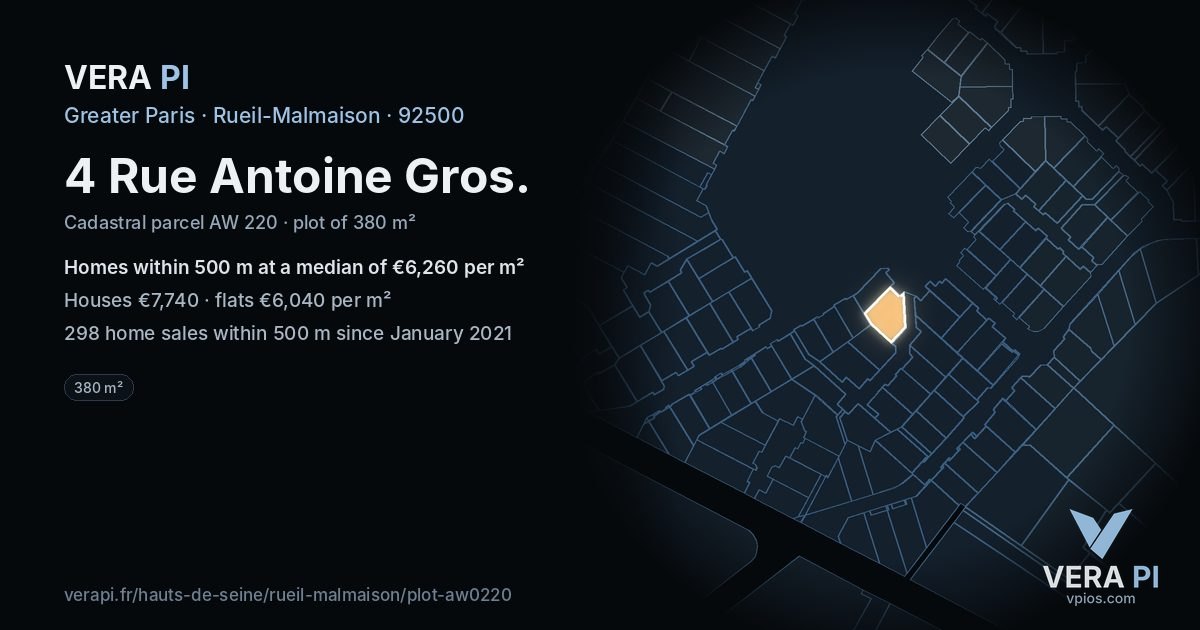 4 Rue Antoine Gros, Rueil-Malmaison at night – the plot lit, the parcels around coloured by the prices near them