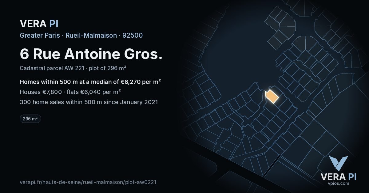 6 Rue Antoine Gros, Rueil-Malmaison at night – the plot lit, the parcels around coloured by the prices near them