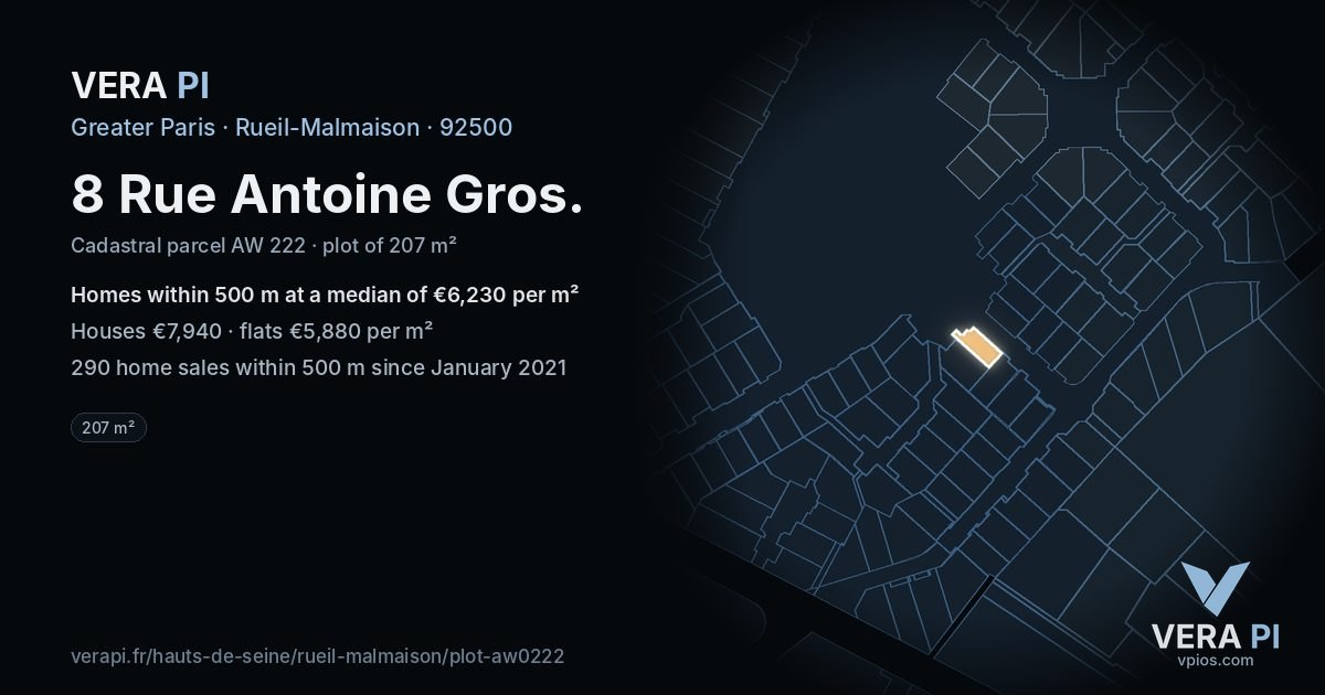 8 Rue Antoine Gros, Rueil-Malmaison at night – the plot lit, the parcels around coloured by the prices near them
