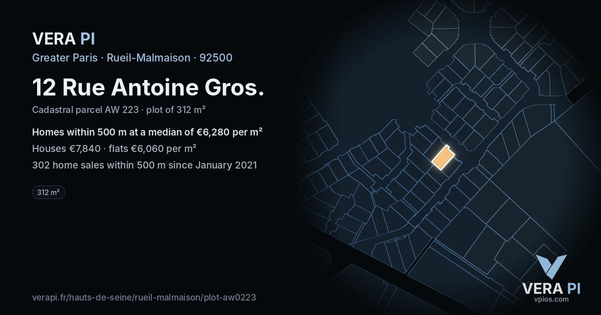 12 Rue Antoine Gros, Rueil-Malmaison at night – the plot lit, the parcels around coloured by the prices near them