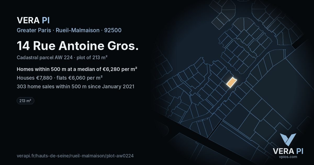 14 Rue Antoine Gros, Rueil-Malmaison at night – the plot lit, the parcels around coloured by the prices near them
