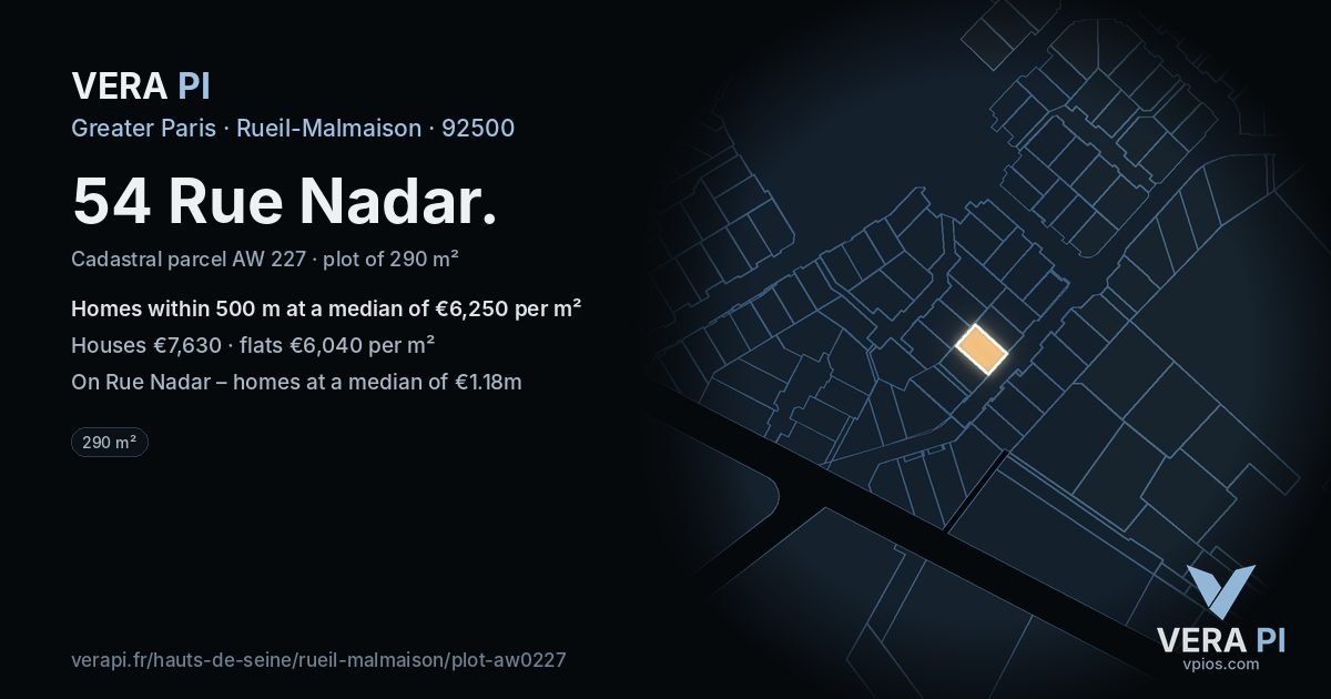 54 Rue Nadar, Rueil-Malmaison at night – the plot lit, the parcels around coloured by the prices near them