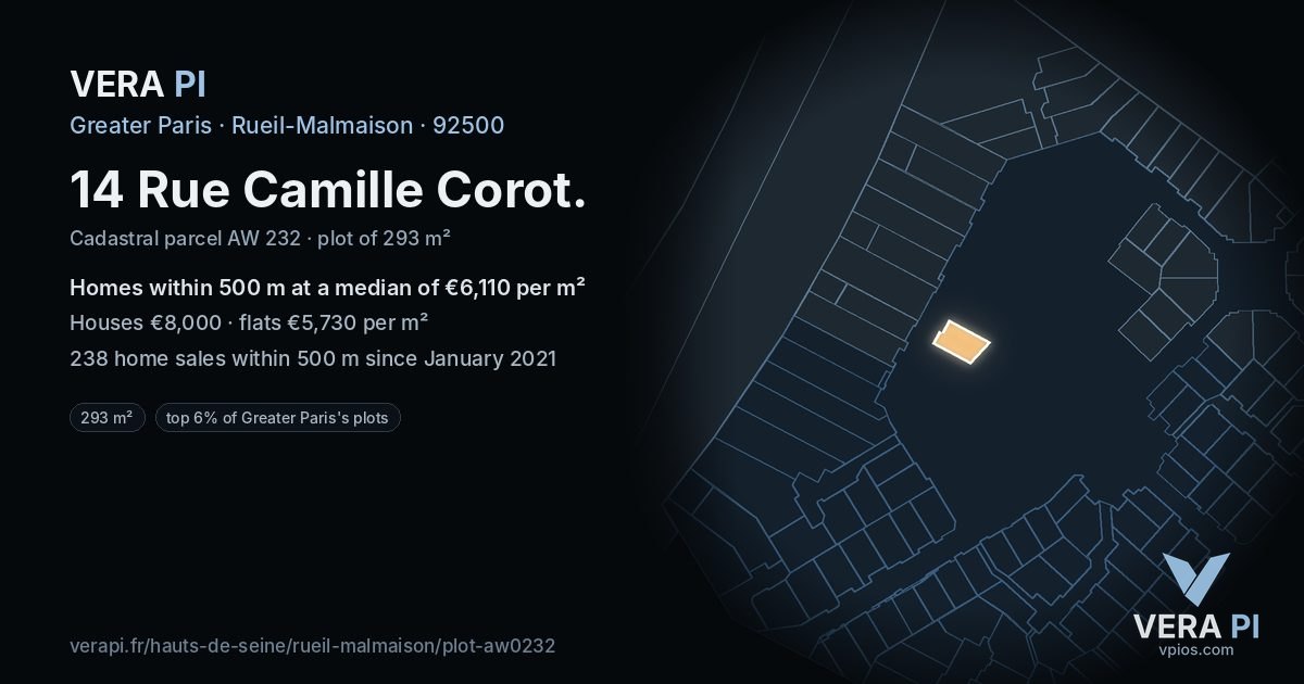 14 Rue Camille Corot, Rueil-Malmaison at night – the plot lit, the parcels around coloured by the prices near them
