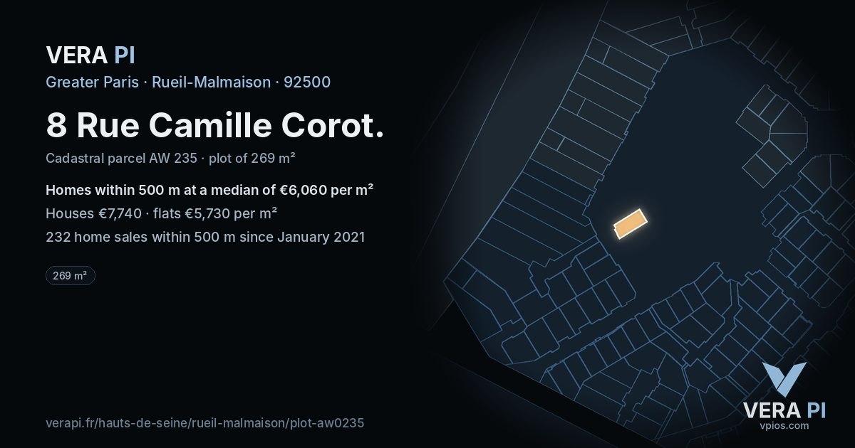 8 Rue Camille Corot, Rueil-Malmaison at night – the plot lit, the parcels around coloured by the prices near them