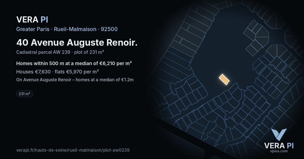 40 Avenue Auguste Renoir, Rueil-Malmaison at night – the plot lit, the parcels around coloured by the prices near them