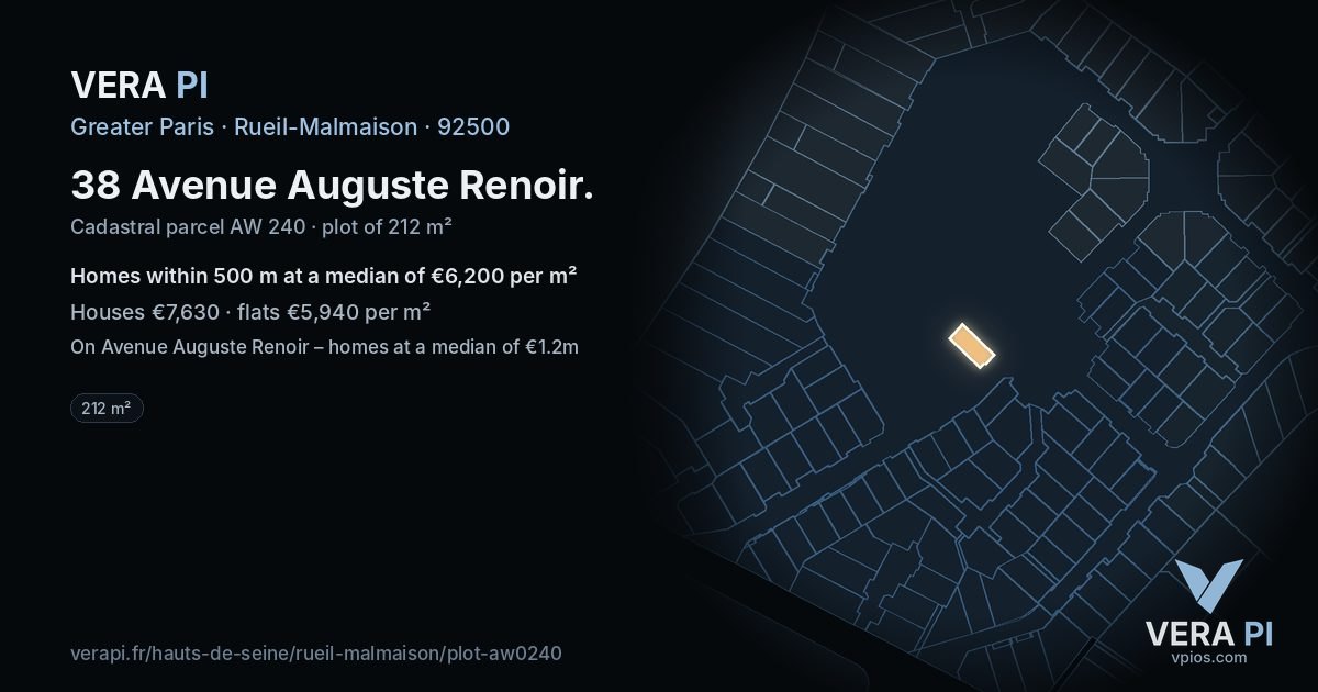38 Avenue Auguste Renoir, Rueil-Malmaison at night – the plot lit, the parcels around coloured by the prices near them