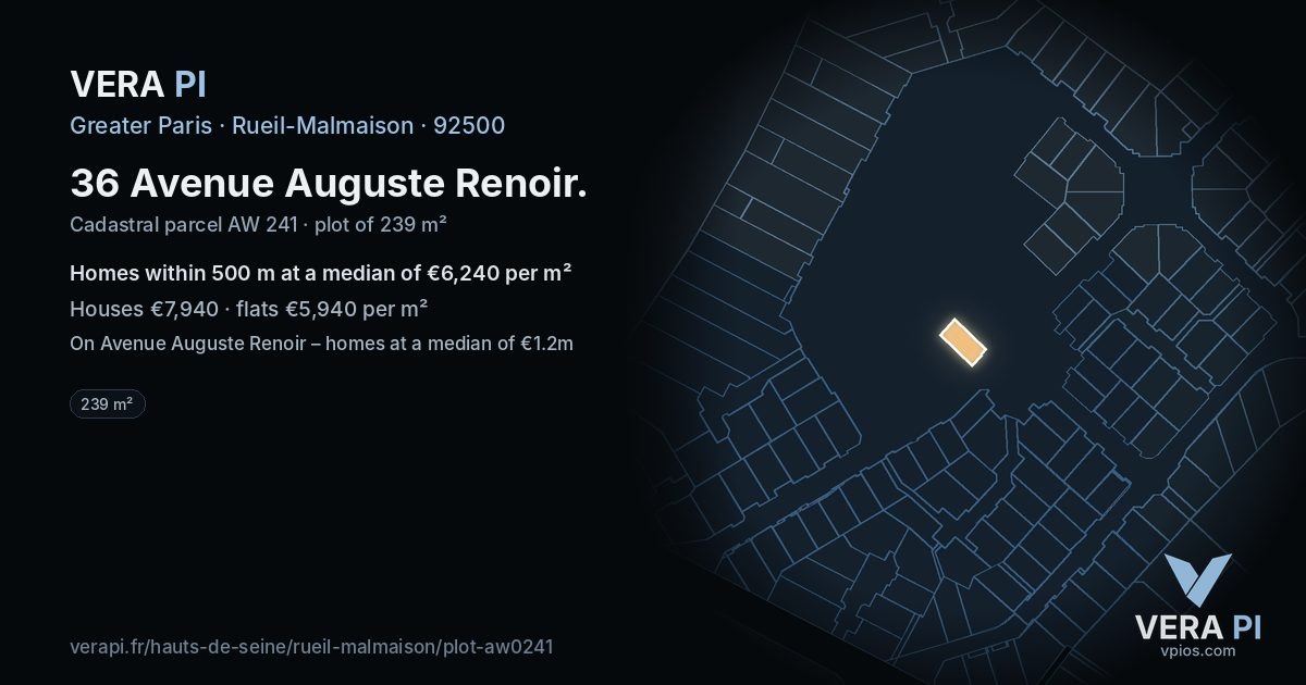 36 Avenue Auguste Renoir, Rueil-Malmaison at night – the plot lit, the parcels around coloured by the prices near them