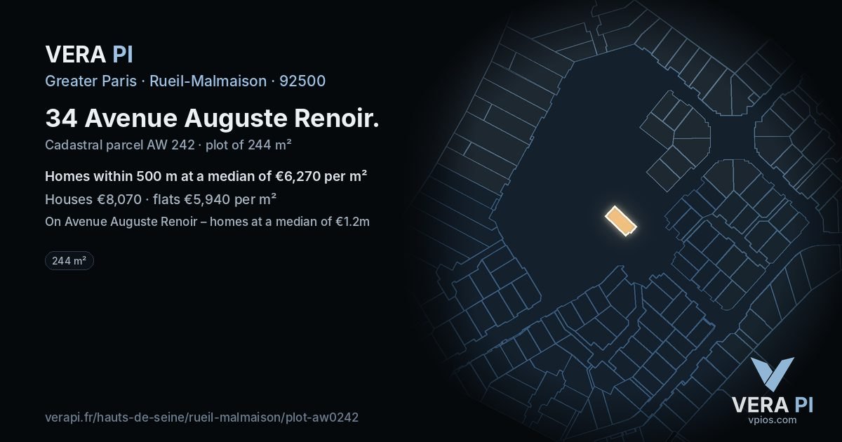 34 Avenue Auguste Renoir, Rueil-Malmaison at night – the plot lit, the parcels around coloured by the prices near them