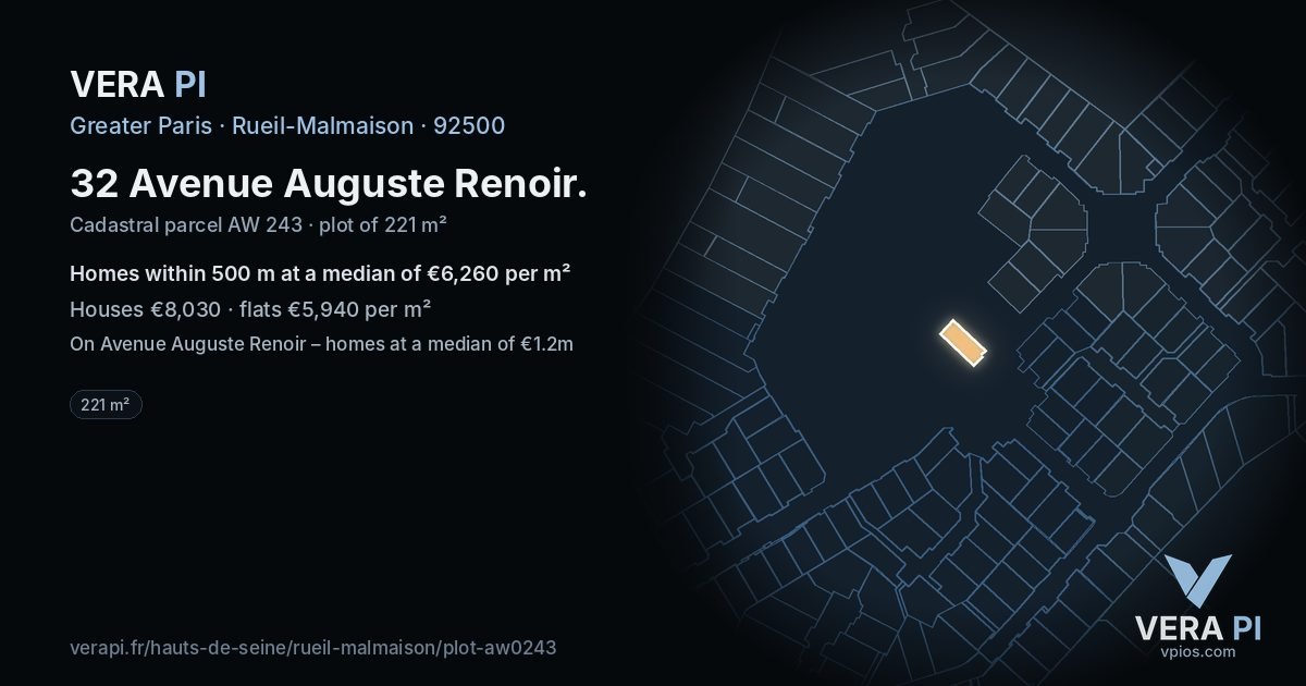 32 Avenue Auguste Renoir, Rueil-Malmaison at night – the plot lit, the parcels around coloured by the prices near them