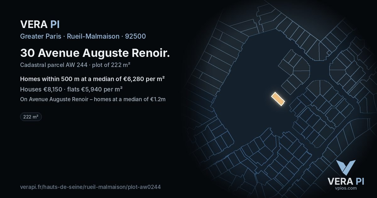 30 Avenue Auguste Renoir, Rueil-Malmaison at night – the plot lit, the parcels around coloured by the prices near them