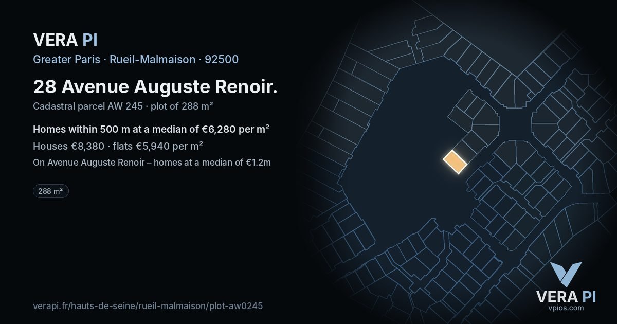 28 Avenue Auguste Renoir, Rueil-Malmaison at night – the plot lit, the parcels around coloured by the prices near them