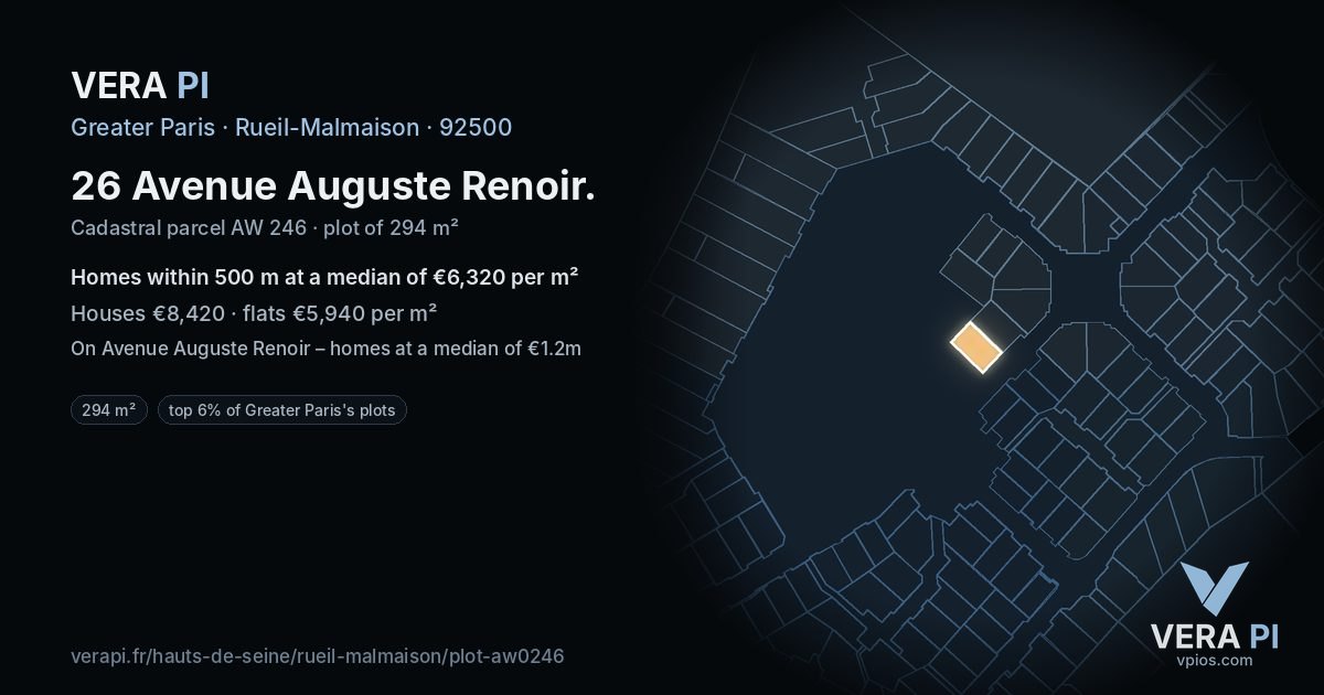 26 Avenue Auguste Renoir, Rueil-Malmaison at night – the plot lit, the parcels around coloured by the prices near them