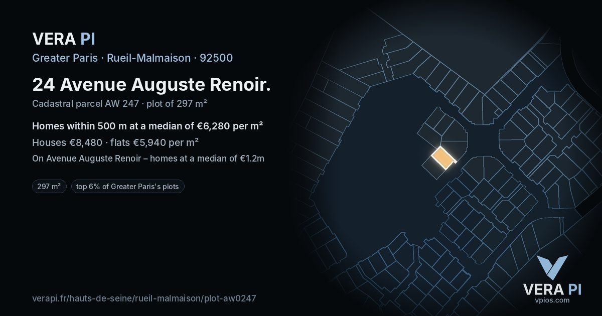 24 Avenue Auguste Renoir, Rueil-Malmaison at night – the plot lit, the parcels around coloured by the prices near them
