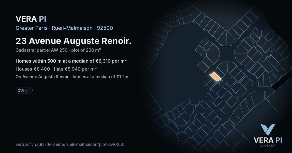 23 Avenue Auguste Renoir, Rueil-Malmaison at night – the plot lit, the parcels around coloured by the prices near them