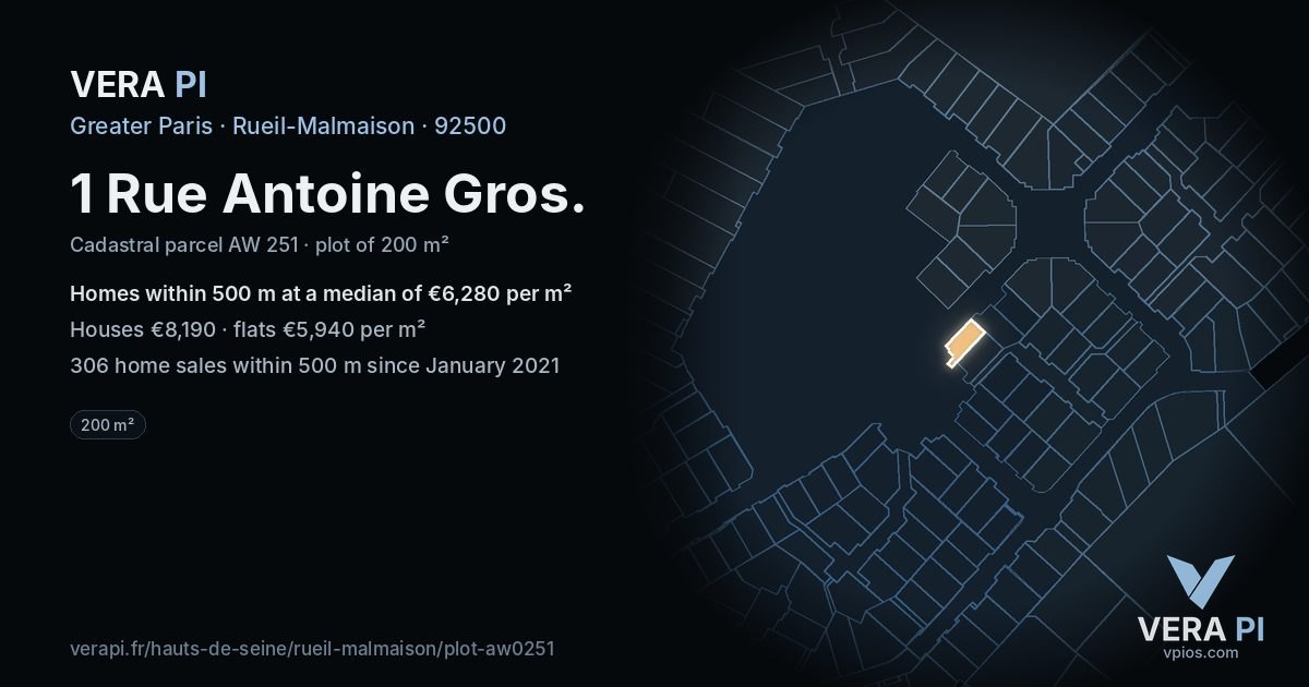 1 Rue Antoine Gros, Rueil-Malmaison at night – the plot lit, the parcels around coloured by the prices near them