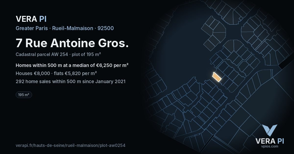 7 Rue Antoine Gros, Rueil-Malmaison at night – the plot lit, the parcels around coloured by the prices near them