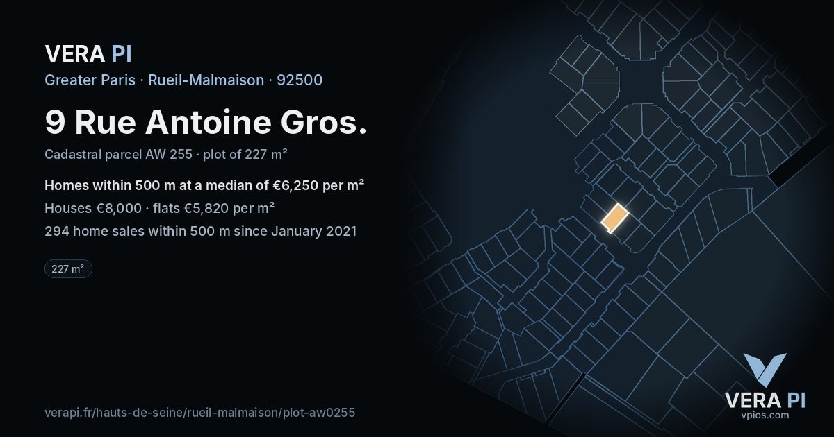 9 Rue Antoine Gros, Rueil-Malmaison at night – the plot lit, the parcels around coloured by the prices near them